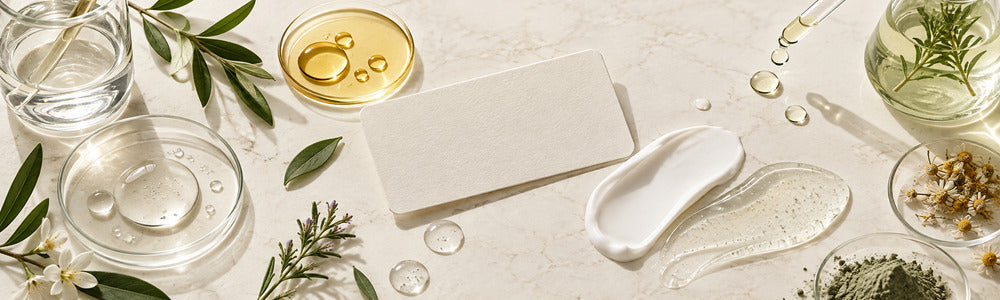 Skincare ingredients, textures, and a blank label card arranged for ingredient reading.
