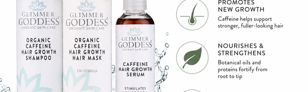 Glimmer Goddess Organic Caffeine Hair Growth System featured in a guide comparing caffeine shampoo, scalp serum and hair mask formats.