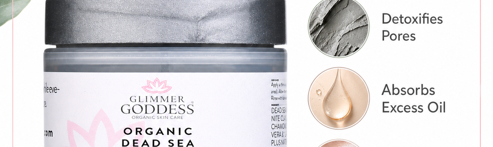 Glimmer Goddess Organic Dead Sea Mud Mask featured in a guide to clay-mask benefits, safe use and realistic expectations.
