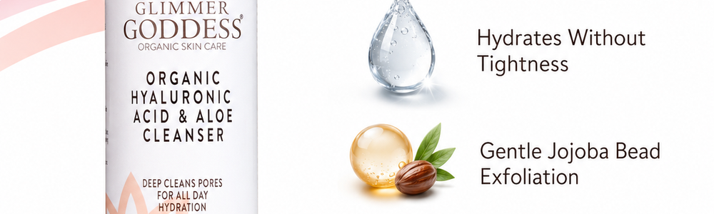 Glimmer Goddess Organic Hydrating Facial Cleanser featured in a guide to rinse-off cleansers, masks, and exfoliants.