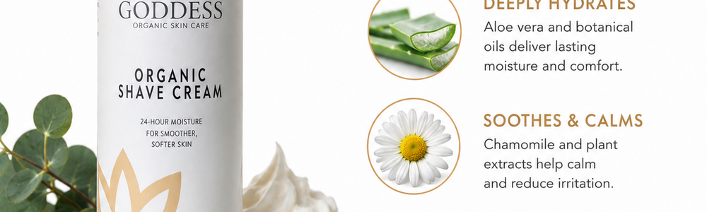 Glimmer Goddess Organic Shave Cream featured in a guide to choosing shaving cream, preparing skin and reducing shaving irritation.