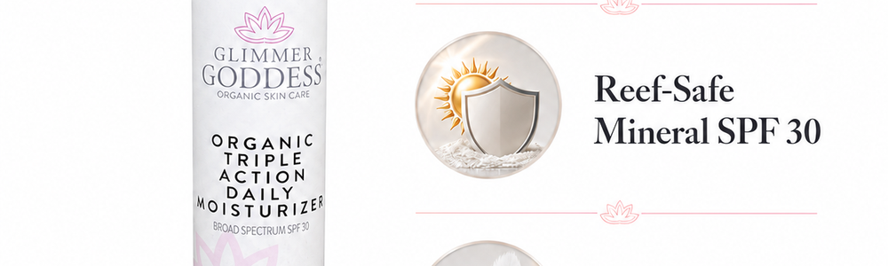 Glimmer Goddess Triple Action Daily Moisturizer SPF 30 featured in a guide to choosing an organic face moisturizer.