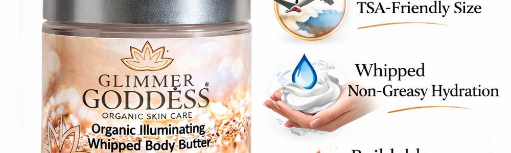 Travel-size Glimmer Goddess Organic Shimmer Body Butter featured in a skincare stocking stuffer guide.