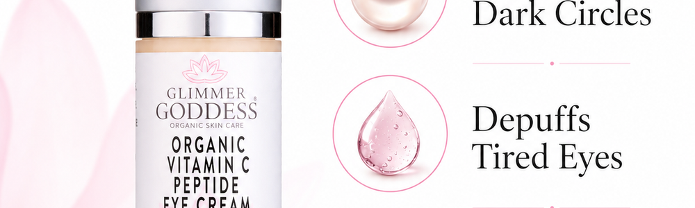 Glimmer Goddess Organic Vitamin C Eye Serum featured in a guide comparing dark circles, puffiness and aloe vera around the eyes.