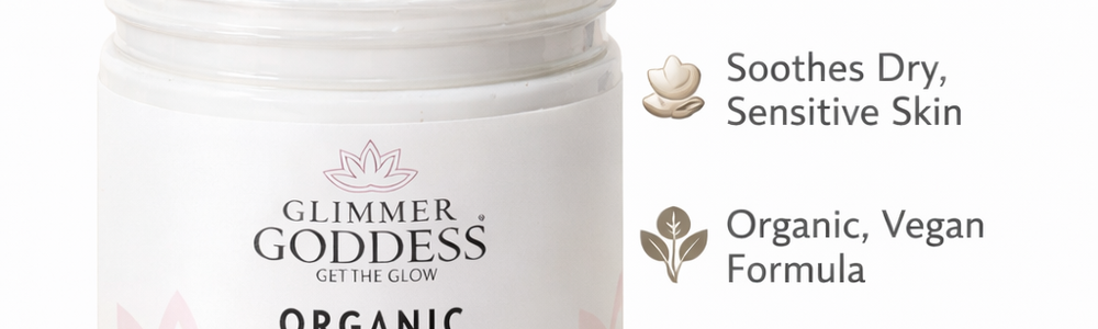 Glimmer Goddess Organic Whipped Body Butter featured in a comparison of body butter, lotion and body oil textures.