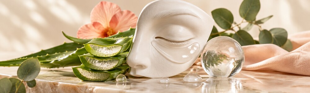 Aloe gel and cooling elements beside a ceramic eye sculpture