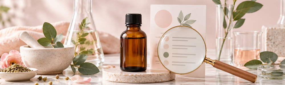 Glimmer Goddess ingredient-label still life with magnifying glass, botanical ingredients, and an unlabeled bottle.