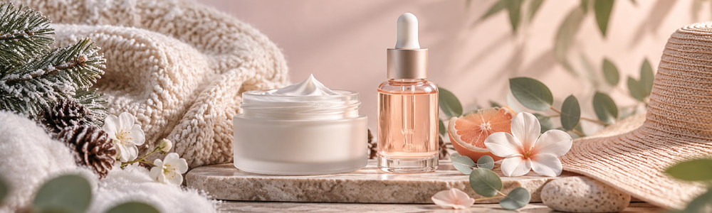 Seasonal skincare concept transitioning from winter cream to lightweight summer care