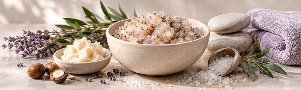 Body scrub with fine crystals, shea texture, and lavender