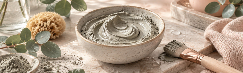 Mineral clay mask in a ceramic bowl with eucalyptus and soft towels