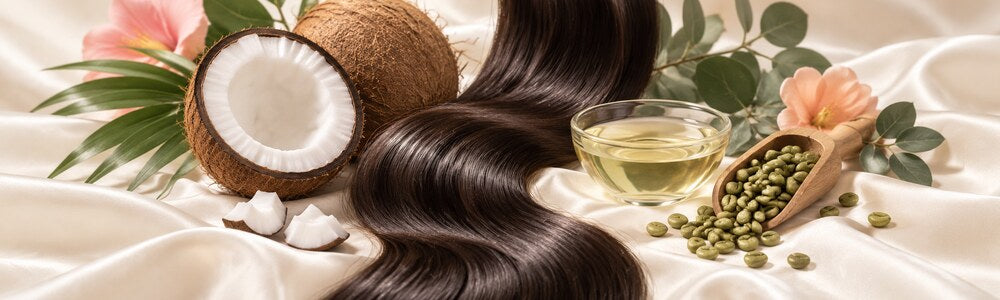 Glossy hair, coconut, clear oil, and green coffee beans