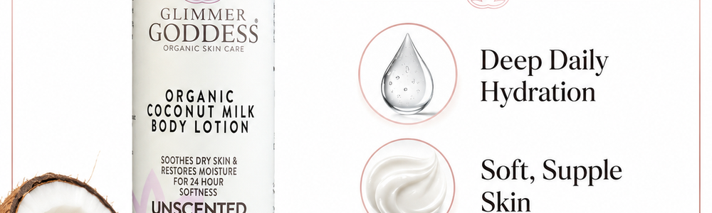 Glimmer Goddess Coconut Milk Body Lotion featured in a guide to coconut ingredients and body-care moisture.
