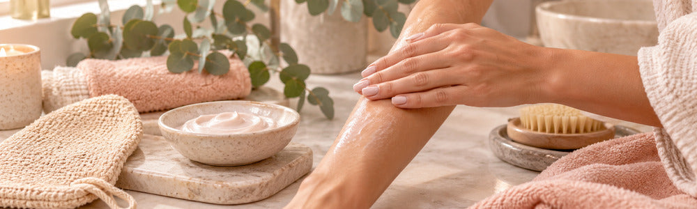 Hands preparing the leg for gradual DHA-free self-tanner
