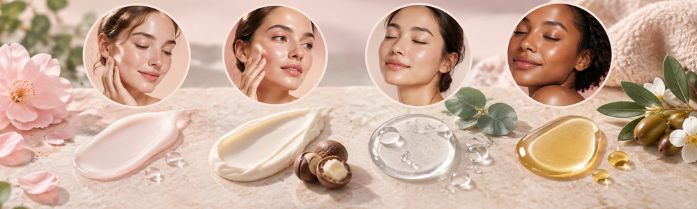 Inclusive skin types with lotion, cream, gel and botanical oil textures