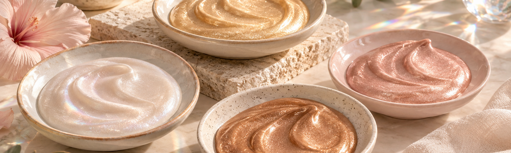 Pearl, gold, bronze and rose-gold shimmer lotion textures in a soft editorial still life