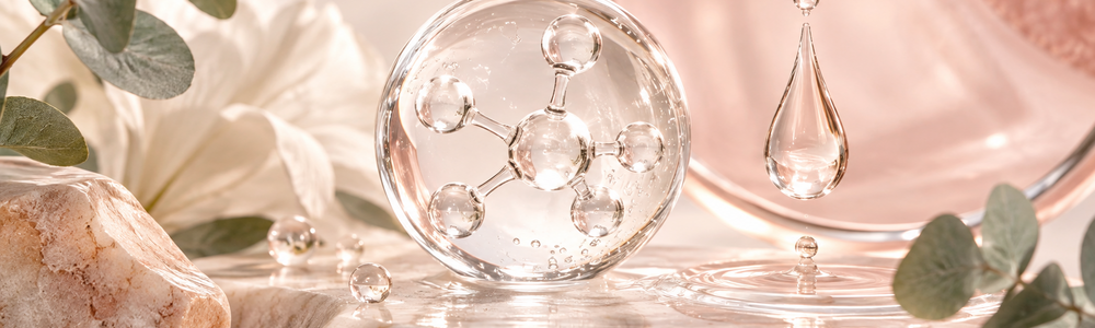 Clear serum droplets and glass forms in a soft niacinamide skincare editorial