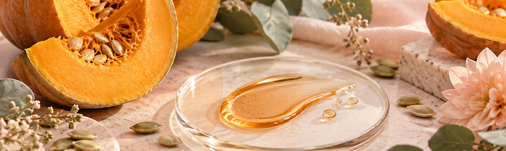 Pumpkin and amber serum texture in a warm botanical skincare editorial