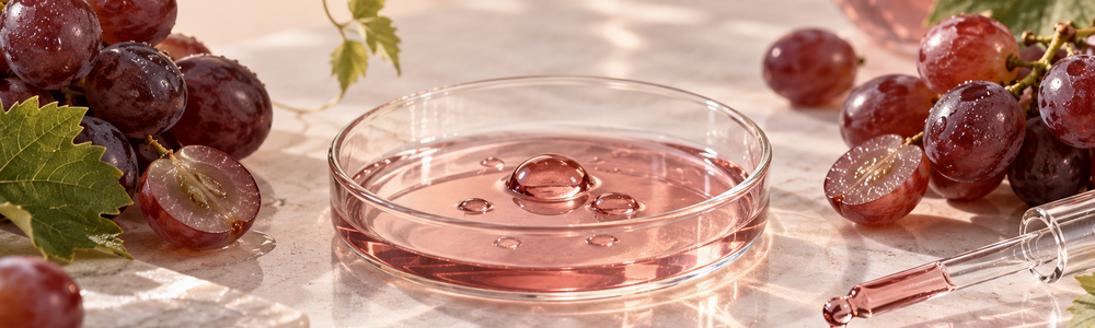Red grapes and berry-toned serum droplets in an antioxidant skincare editorial