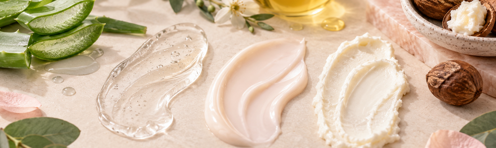 Gel, lotion and cream textures with aloe, botanical oil and shea butter