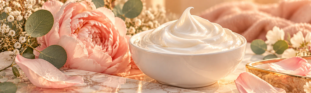 Luxurious skincare cream with blush flowers and eucalyptus in a warm peach-toned spa setting