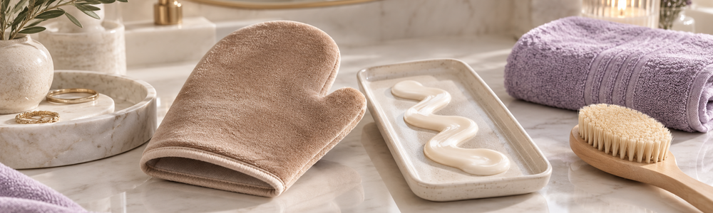 Self-tanning mitt and lotion prepared for even application