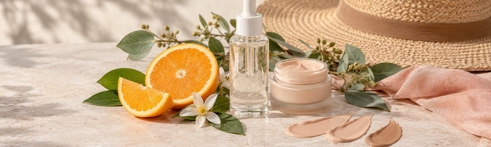 Dark spot care still life with vitamin C, serum, tint, and sun hat
