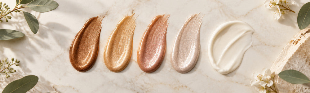 Bronze, gold, rose gold, and pearl shimmer lotion swatches
