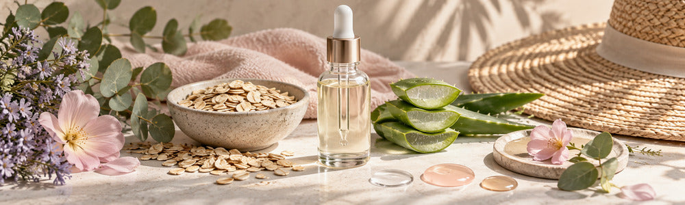 Gentle dark spot care still life with oats, aloe, and serum