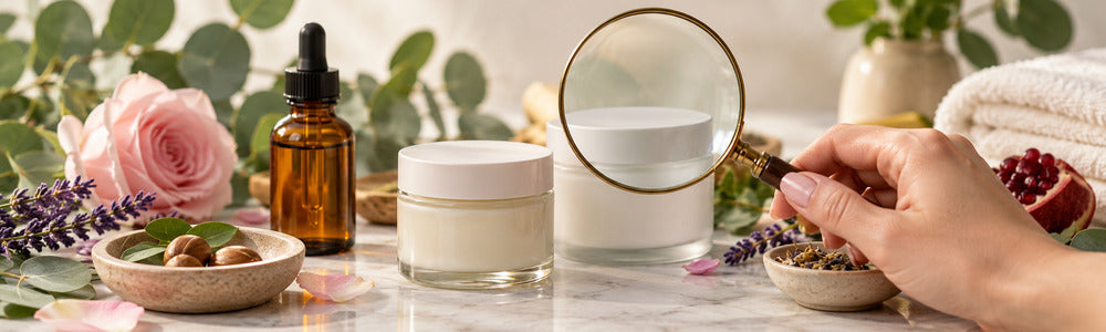 Magnifying glass examining plain skincare containers and botanical ingredients.