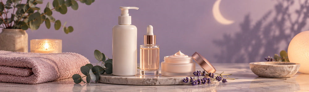 Simple evening skin care routine with cleanser, serum, and moisturizer