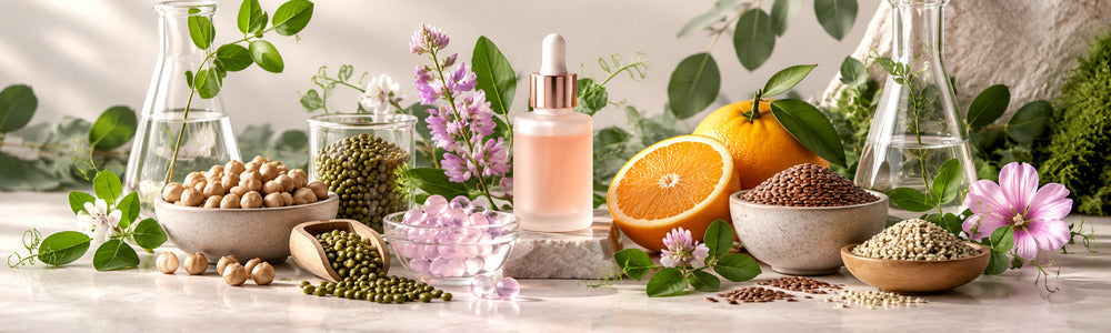 Plant foods and botanical serum illustrating vegan collagen terminology