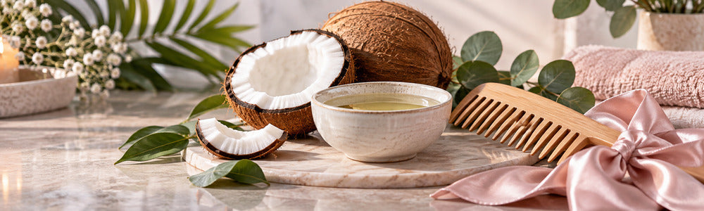 Coconut oil hair care still life with coconut and wide-tooth comb