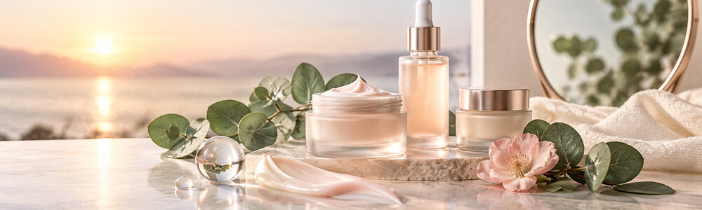 Unlabeled serum and cream in a warm botanical age-supportive skincare setting
