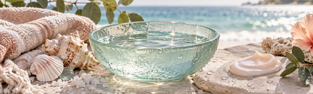Seawater, fresh rinse water, and moisturizer for beach skin care