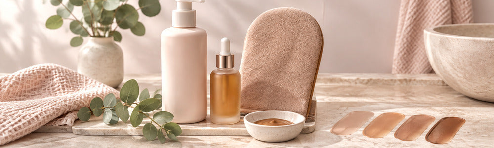 Beginner gradual self-tanning setup with lotion, drops, mitt, and bronze swatches