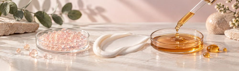 Vitamin A microcaps and retinol textures shown as encapsulated beads and serum drops