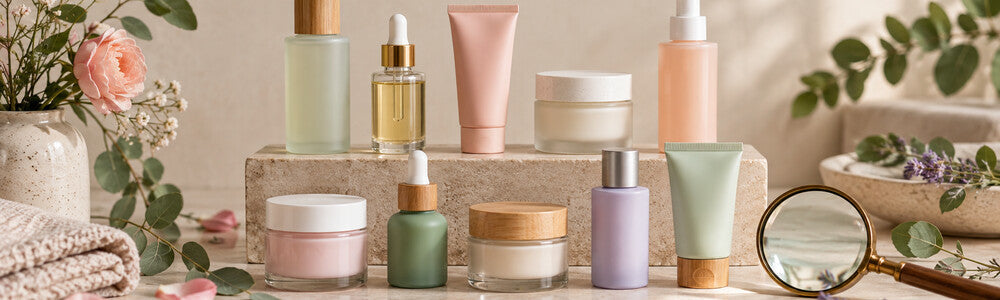 Unlabeled skincare vessels in a soft botanical setting for comparing formulation standards.