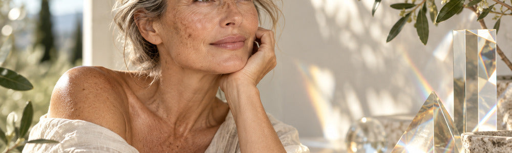 Mature woman with natural skin texture in soft light, illustrating realistic wrinkle prevention