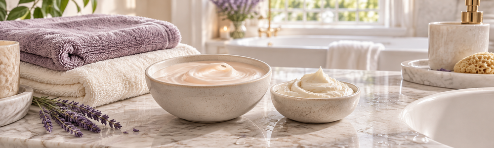 Body lotion and rich cream arranged for an after-bath moisture routine