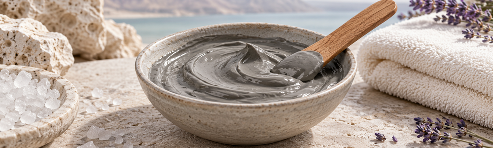Gray mineral mud mask with spa towel and lavender