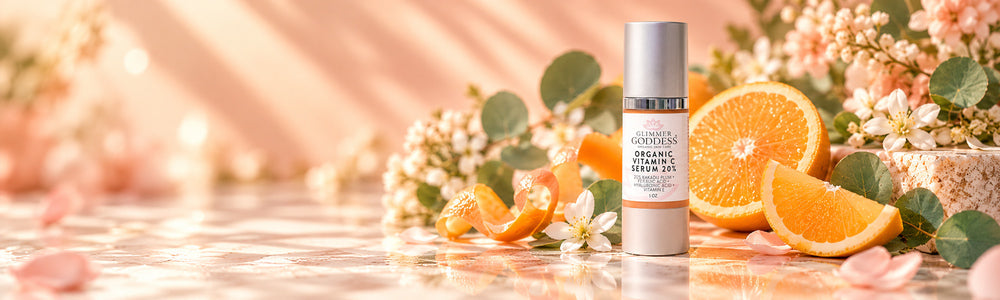 Glimmer Goddess Organic Vitamin C Serum 20% with citrus and blossoms in a luxury peach-toned botanical setting