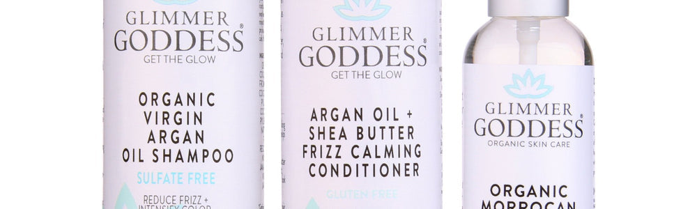 Glimmer Goddess Organic Argan Oil Hair Treatment Trio featured in a guide to pre-shampoo and leave-in hair oiling.