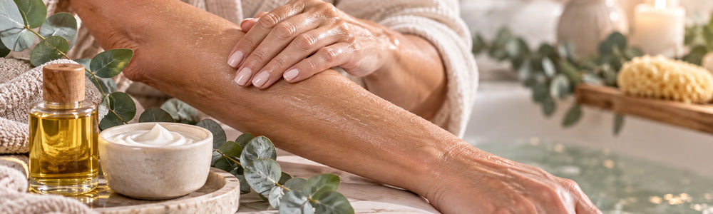 Mature adult applying body care beside oil and moisturizer textures