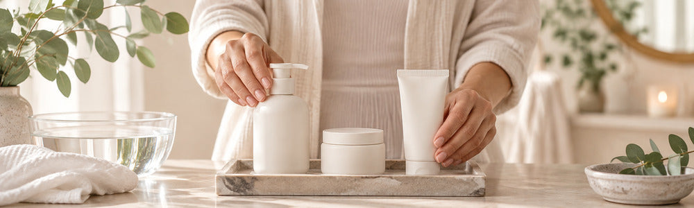 Simple cleanser moisturizer and sunscreen routine on a calm vanity