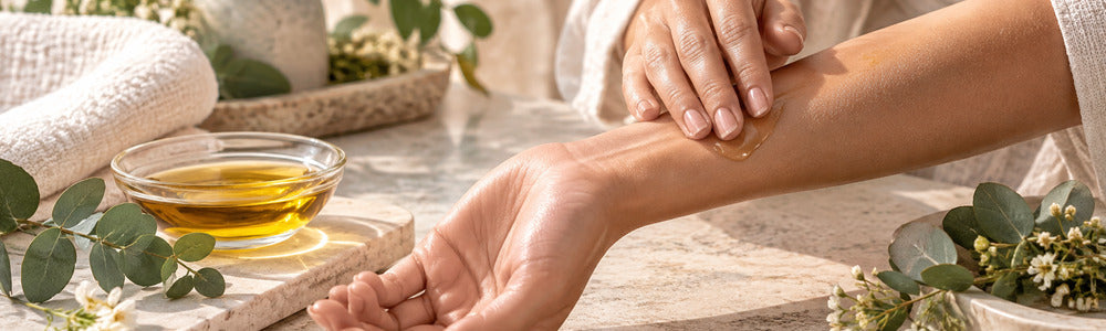 Botanical body oil applied to the forearm in a warm spa setting