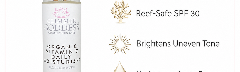 Glimmer Goddess Organic Vitamin C Daily Moisturizer SPF 30 featured in a brightening skincare comparison guide.