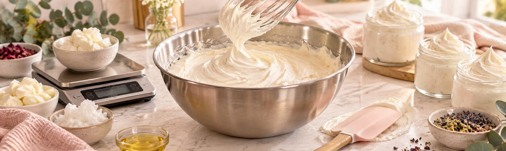 Clean small-batch whipped body butter production workspace