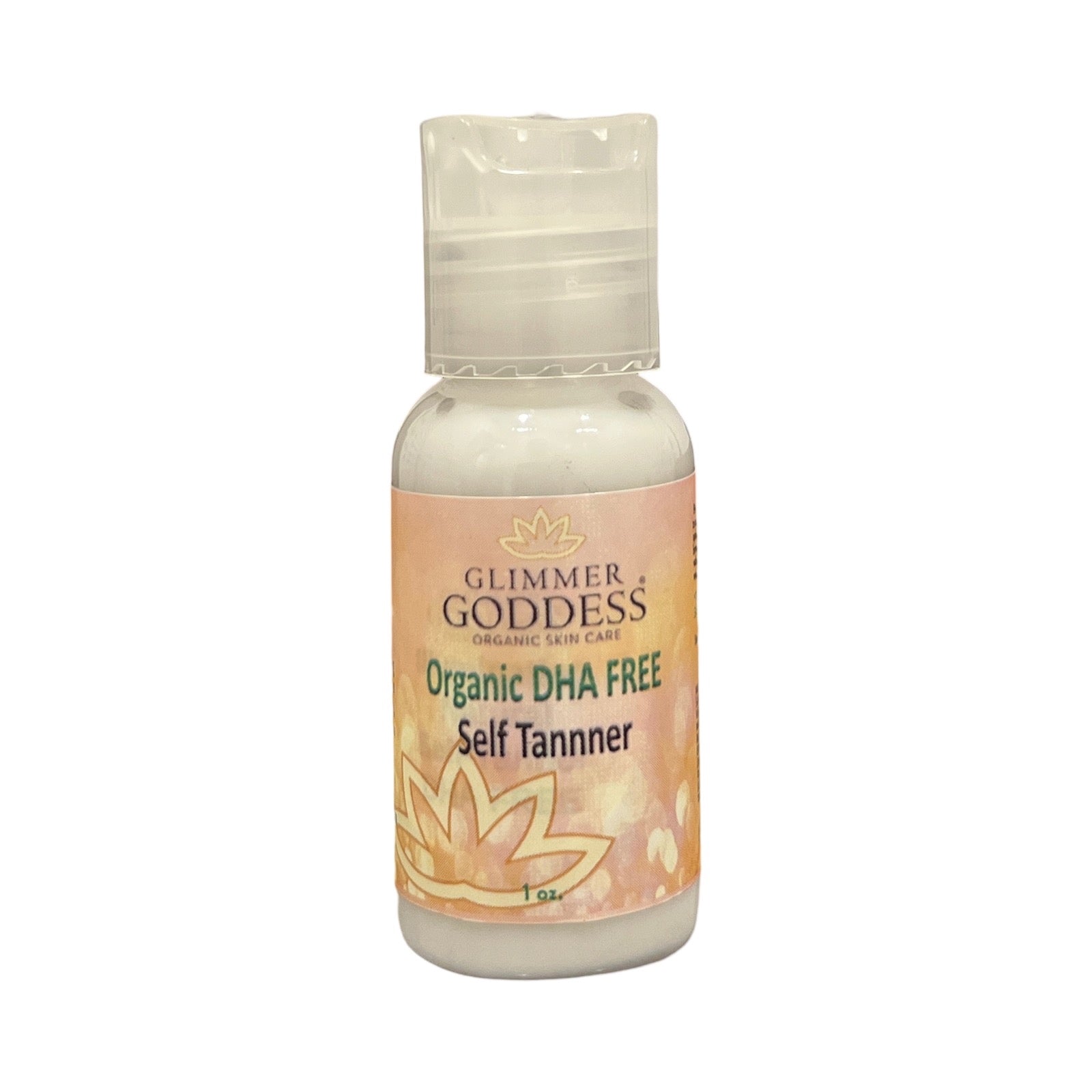 Glimmer Goddess Organic Skin Care 1oz DHA-free self tanner sample bottle for natural sunless tanning