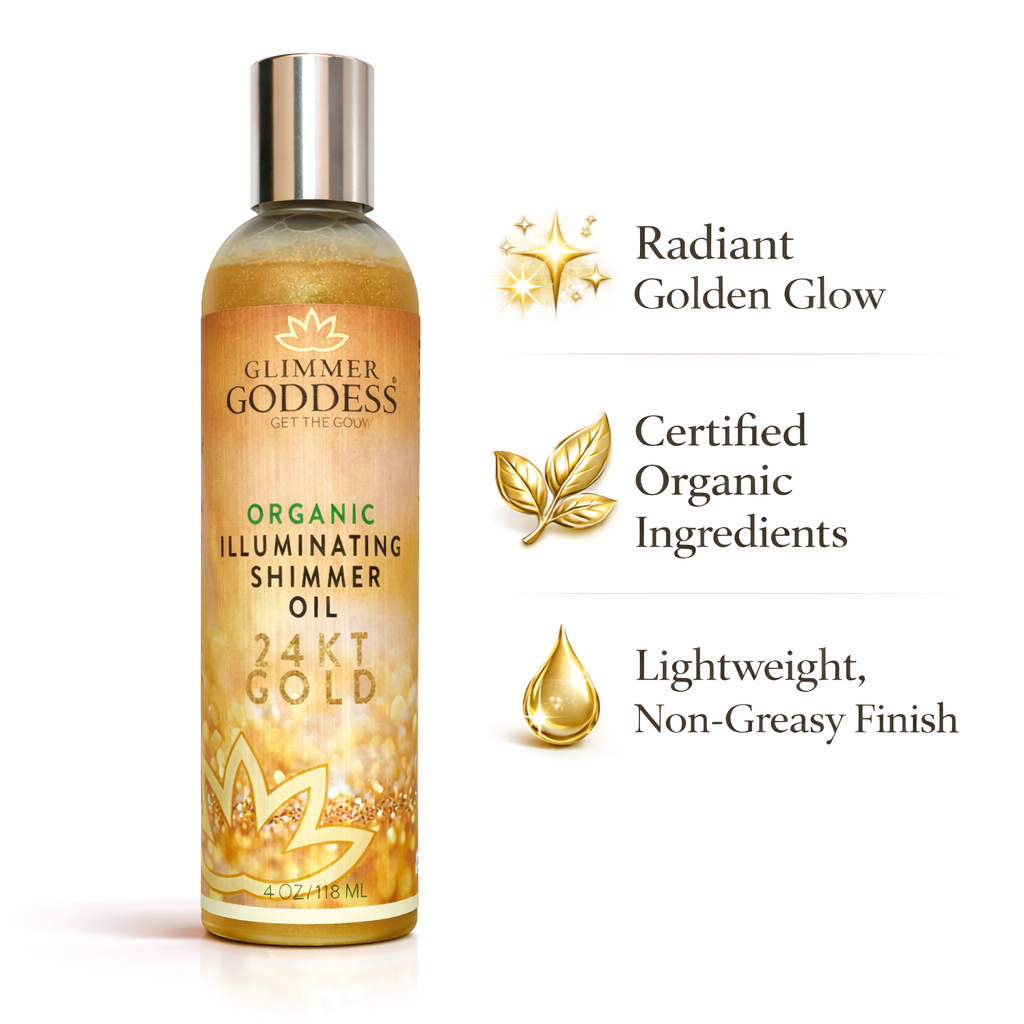 Organic Shimmer Oil – Illuminating Body Oil in 5 Shades for Radiant Glow & Deep Hydration - Glimmer Goddess® Organic Skin Care
