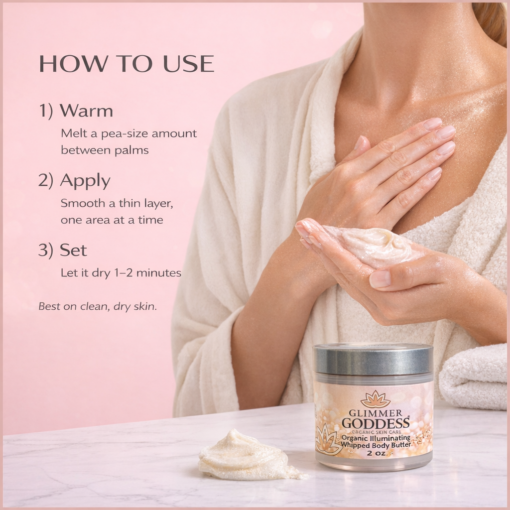 Organic Shimmer Body Butter from Glimmer Goddess® in 2 oz travel size, showing application on skin with shimmering finish.